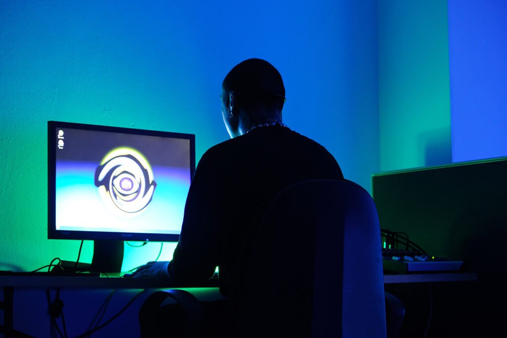 Photo de l'artiste Alpha Rats, vu de dos devant son ordinateur. 