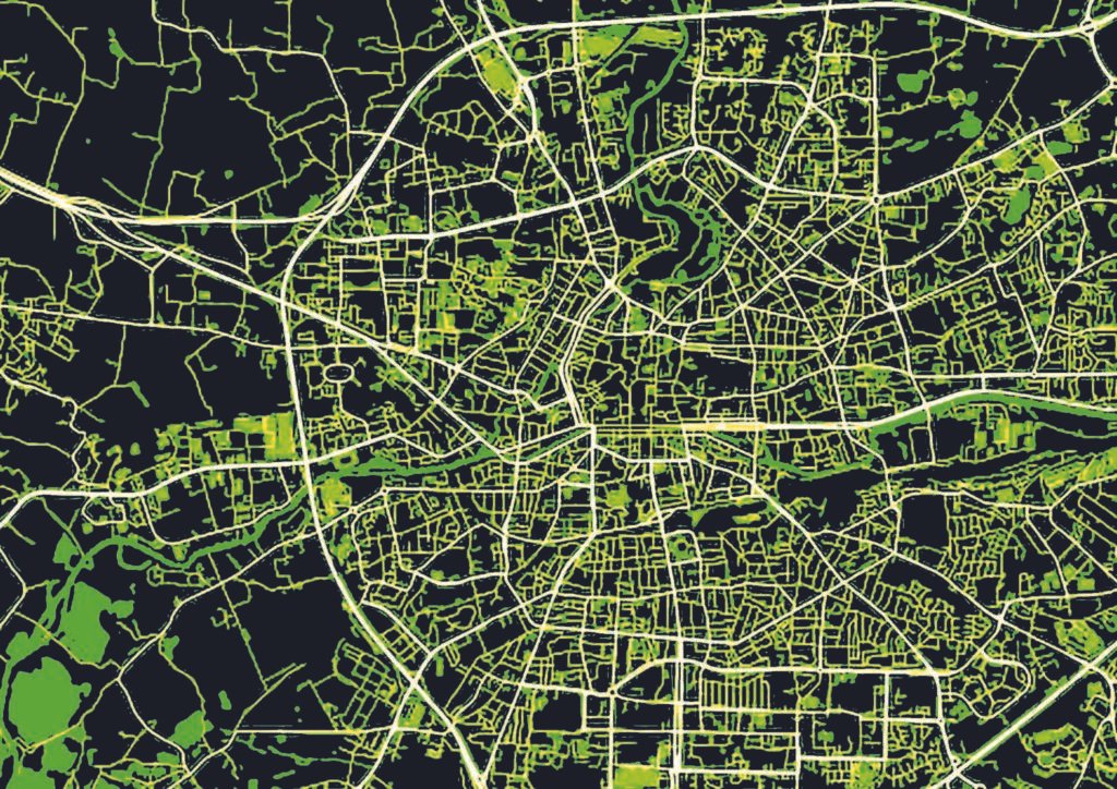 Illustration réalisée par Elamine Maecha qui représente la cartographie de Rennes en saturation néon jaune sur fond noir
